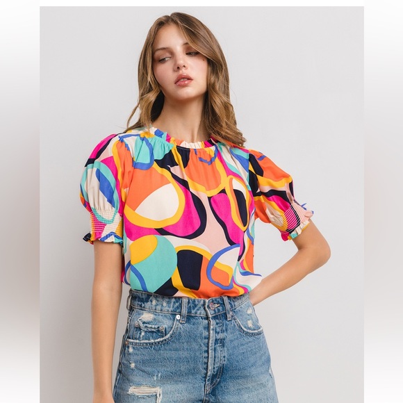 28 Boho Multi Color Print Puffed Sleeve Blouse Top - Picture 4 of 6